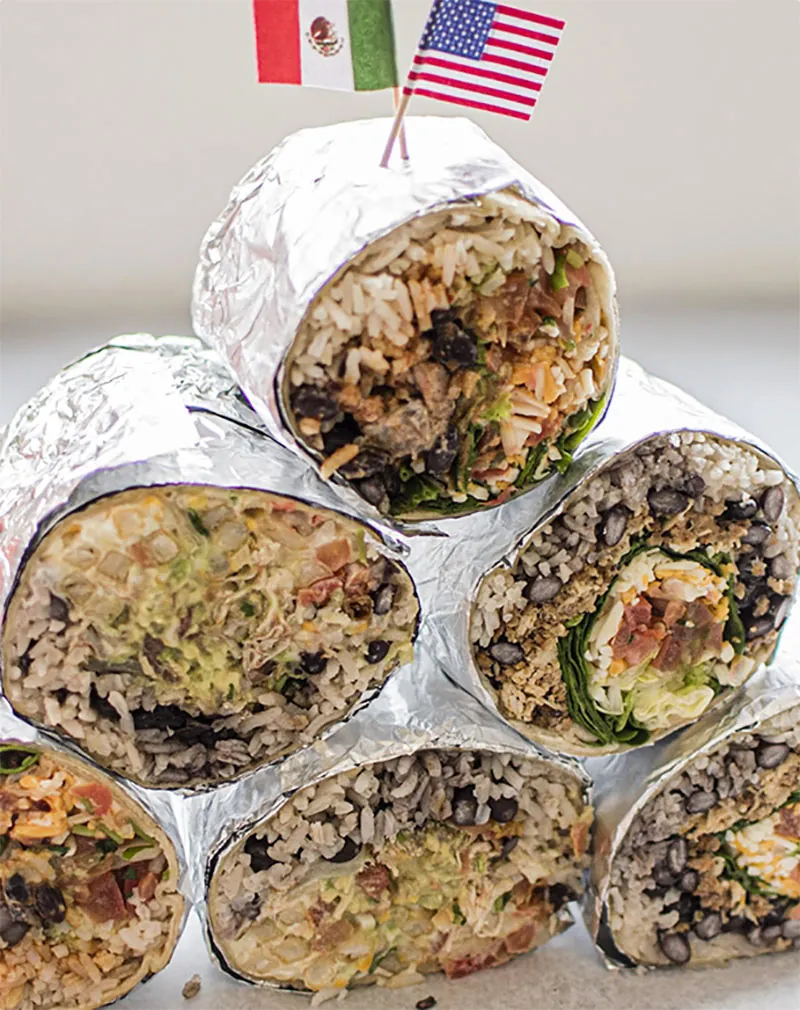 Stack of Big Boss burritos with Mexican and American flags