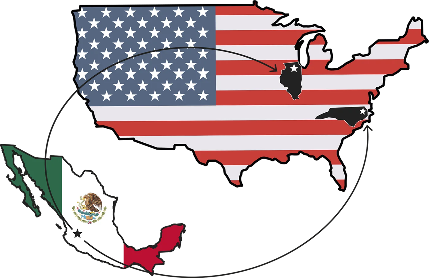 Map of Mexico and the United States marking Jalisco, Chicago and North Carolina